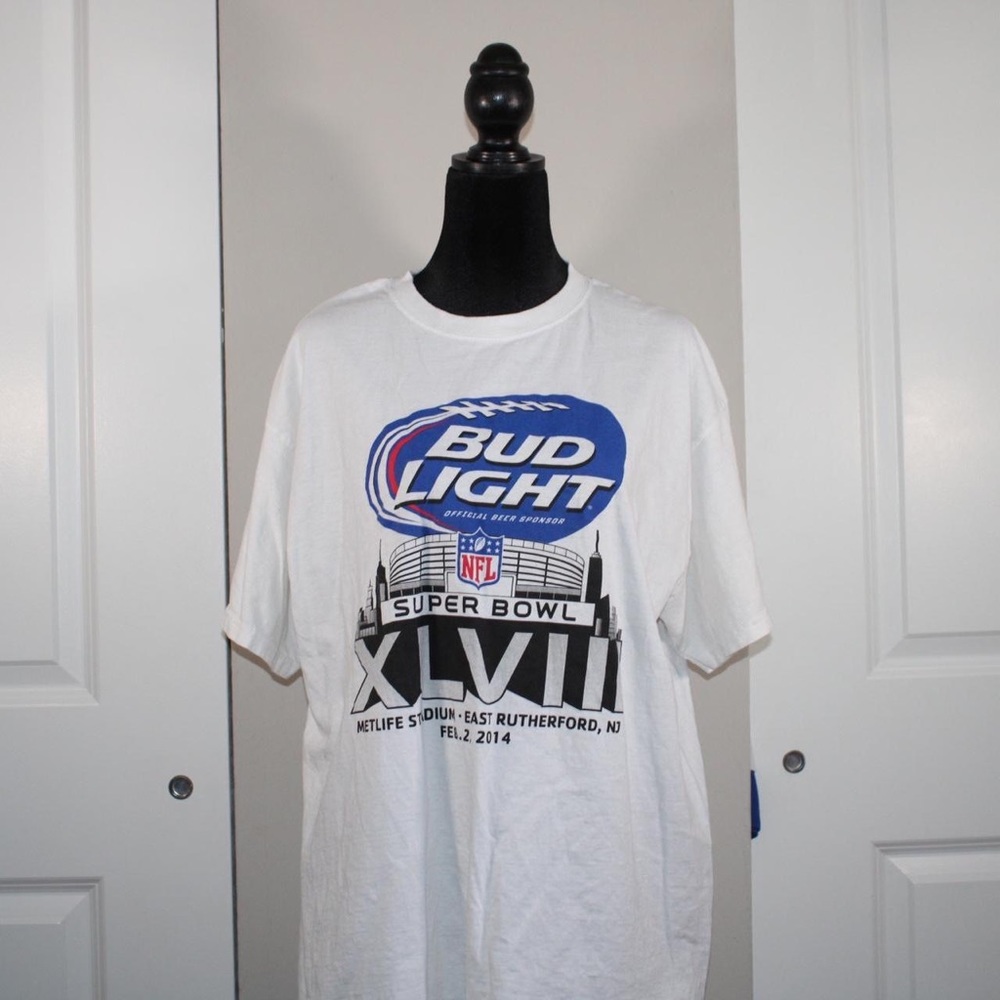 Size XL Bud Light Super Bowl, white and blue tee shirt